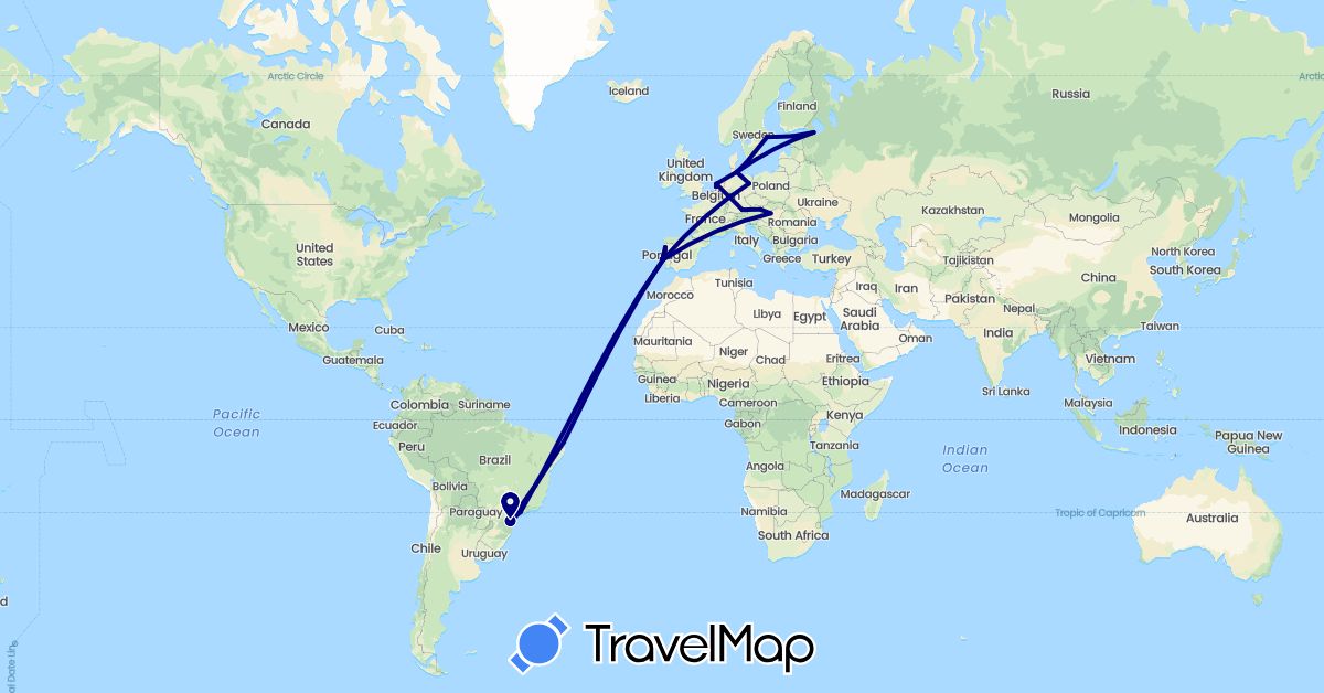 TravelMap itinerary: driving in Austria, Brazil, Germany, Denmark, Estonia, Hungary, Netherlands, Portugal, Russia, Sweden (Europe, South America)